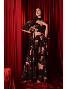 LAALZARI - Black Printed Crop Top, Palazzo & Cape (Set of 3)