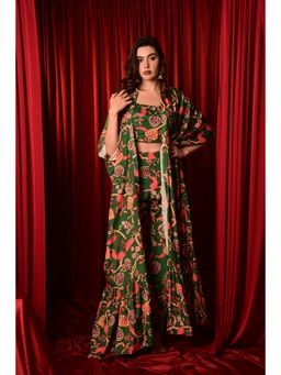 LAALZARI - Green Printed Crop Top, Palazzo & Cape (Set of 3)