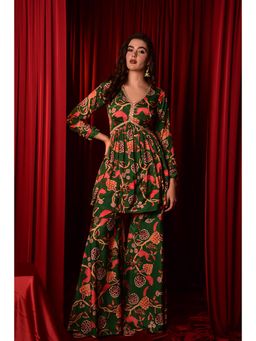 LAALZARI - Green Printed Peplum Top & Palazzo (Set of 2)