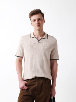 The Bear House - Men Off White Cotton Regular Fit Polo T-Shirt