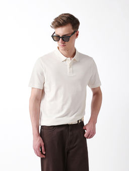 The Bear House - Men Off White Cotton Regular Fit Polo T-Shirt
