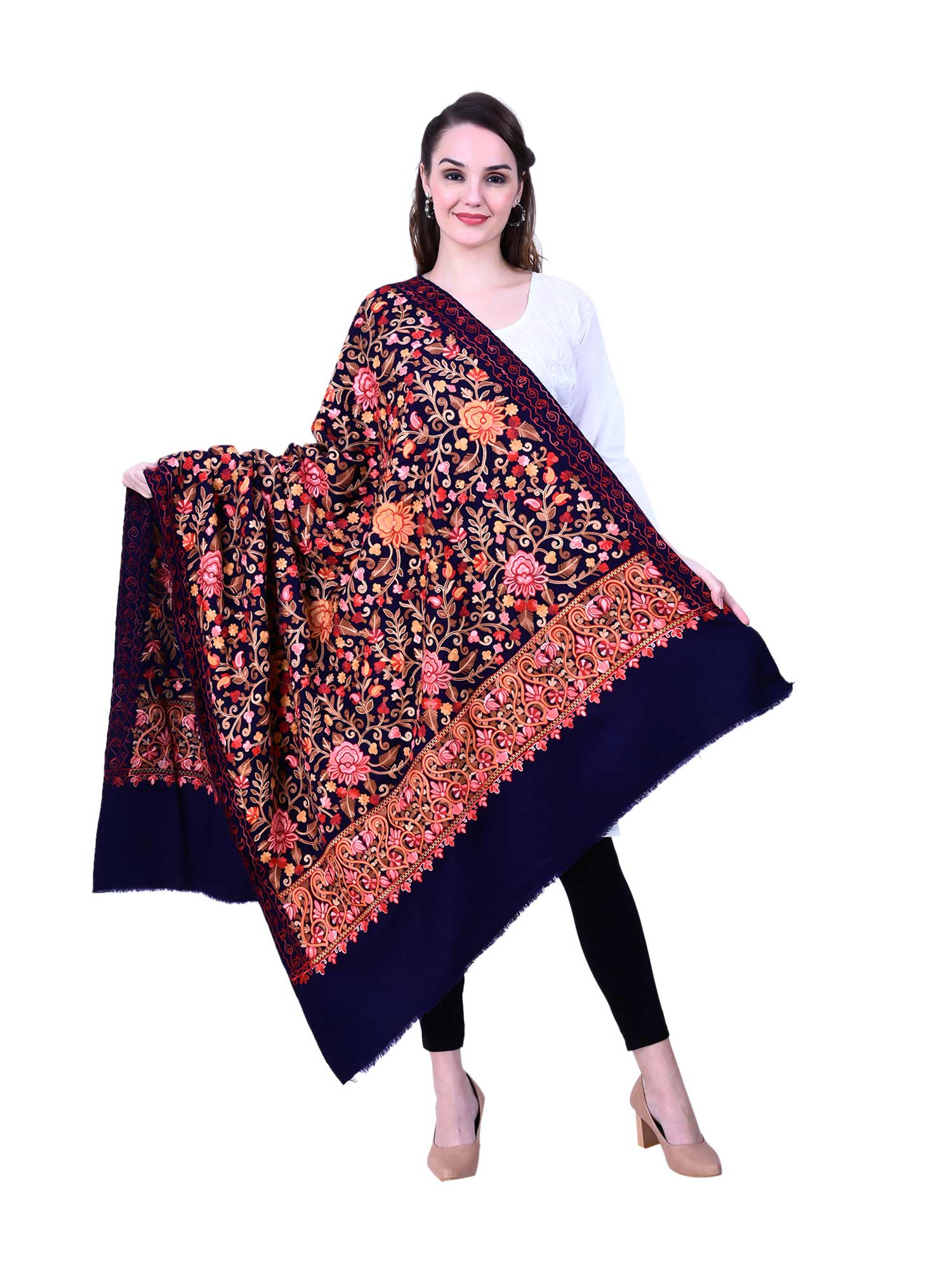 swi stylish Navy Blue Aari Embroidered Kashmiri Shawl-picture-29