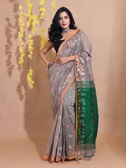 CHARUKRITI - Grey Blended Cotton Handwoven Zari Motifs & Floral Borders Saree with Unstitched Blouse
