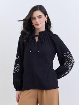 Styli - Women Black Regular Fit Regular Length Embroidery Top