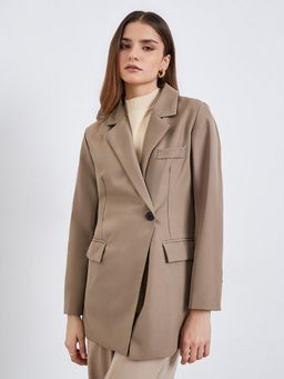 Styli - Women Beige Single Breasted Longline Regular Fit Blazer