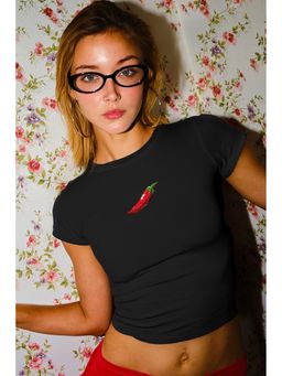 Bonkers Corner - Spicy Talk Black Beaded Embroidery Baby Crop Top