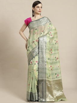 Banarasi Silk Works - Matka Woven Saree Green with Unstitched Blouse