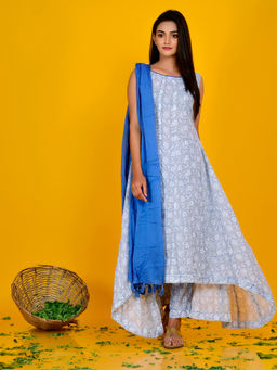 Rangpur - White Printed Asymmetric Anarkali With Pant & Dupatta (Set of 3)