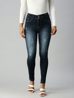 SHOWOFFFF - Womens Skinny Fit Low Distress Blue Jeans