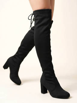 HVNLY by Shoetopia - Womens Black Faux Suede Over-The-Knee Block Heeled Casual Boots