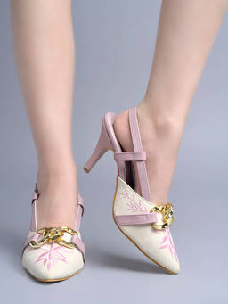 HVNLY by Shoetopia - White Embroidered Women Stiletto Heels with Gold Chain Detail