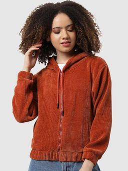 Campus Sutra - Women Rust Zipper Sweatshirt With Hoodie