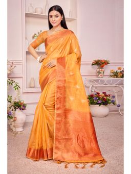 Sangam Prints - Yellow Organza Woven Zari Work Traditional Tassel Saree with Unstitched Blouse
