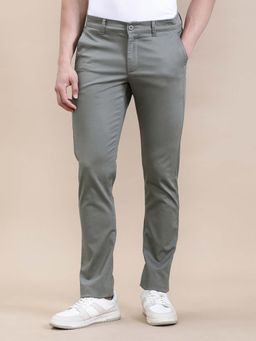 Crocodile - Green Textured Stretch Slim Fit Casual Trousers