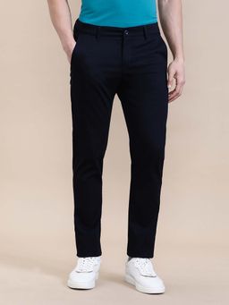 Crocodile - Navy Blue Textured Stretch Slim Fit Casual Trousers