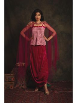 Nikita Vishakha - Sahiba Ruby Pink Embellished Top with Skirt and Cape (Set of 3)