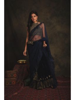 Nikita Vishakha - Janki Sapphire Embellished Pre Drape Saree with Belt Pouch and Blouse