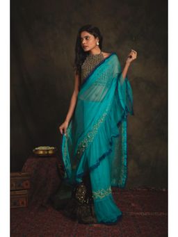Nikita Vishakha - Vaidehi Turquoise Embellished Pre Drape Saree with Blouse