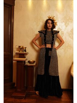 Nikita Vishakha - Arzoo Sapphire Lehenga with Jacket Belt Pouch and Stitched Blouse (Set of 4)