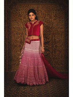 Nikita Vishakha - Begum Ruby Pink Lehenga with Belt Pouch and Stitched Blouse (Set of 3)