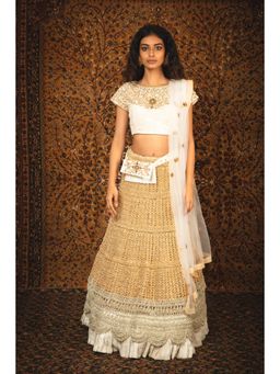 Nikita Vishakha - Maharani Pearl White Lehenga with Belt Pouch and Stitched Blouse (Set of 3)