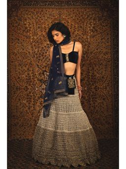 Nikita Vishakha - Makhmali Sapphire Lehenga with Belt Pouch and Stitched Blouse (Set of 3)