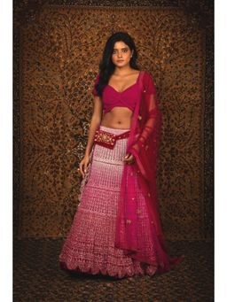 Nikita Vishakha - Mirali Ruby Pink Lehenga with Belt Pouch and Stitched Blouse (Set of 3)