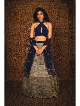 Nikita Vishakha - Mallika Sapphire Lehenga with Belt Pouch & Stitched Blouse (Set of 3)