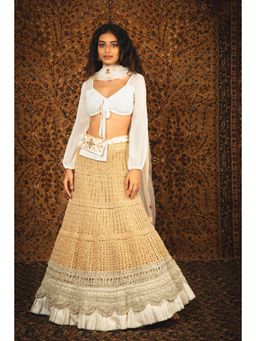 Nikita Vishakha - Madhushmita Pearl White Lehenga with Belt Pouch and Stitched Blouse (Set of 3)