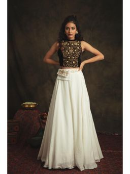 Nikita Vishakha - Myra Umber Brown & Pearl White Lehenga with Stitched Blouse (Set of 3)