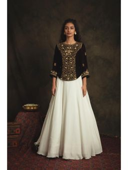 Nikita Vishakha - Nyraa Umber Brown & Pearl White Lehenga with Stitched Blouse (Set of 2)