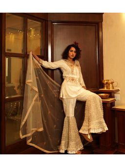 Nikita Vishakha - Jahanara Pearl White Embellished Kurti with Sharara and Dupatta Belt (Set of 4)