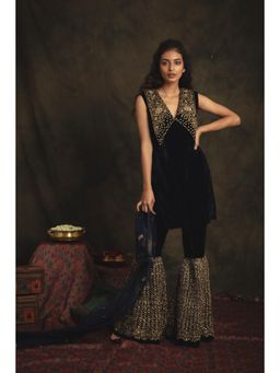 Nikita Vishakha - Jahanara Sapphire Navy Blue Kurta with Sharara and Dupatta (Set of 3)