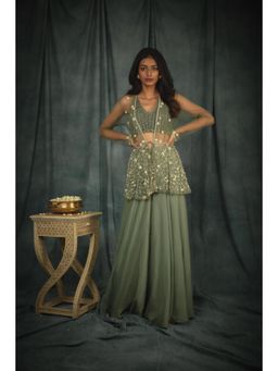 Nikita Vishakha - Theodora Sage Green Embellished Bralette with Peplum Top and Sharara (Set of 3)