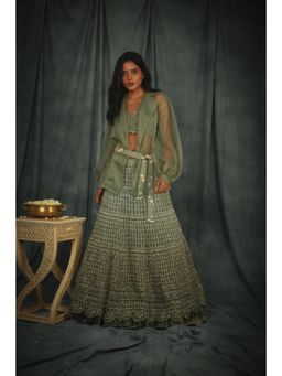Nikita Vishakha - Czarina Sage Green Lehenga with Jacket Bet and Stitched Blouse (Set of 4)