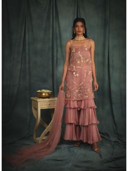 Nikita Vishakha - Alice Sorbet Pink Bralette with Kurta and Sharara Dupatta (Set of 4)