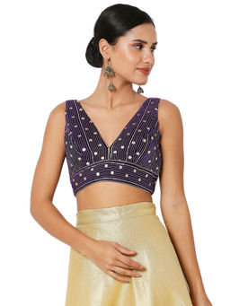 SALWAR STUDIO - Womens Brinjal Velvet Embellished Readymade Saree Blouse