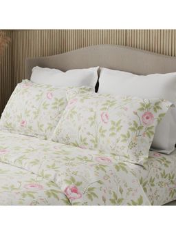 Boutique Living - White, Green & Pink Floral King Bedsheet With 2 Pillow Covers (Rose Fragrance)