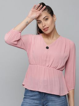 SHOWOFF - Womens V-neck Pink Peplum Regular Top