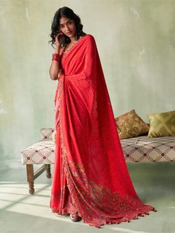 Saundh - Zeenat Saree Red with Unstitched Blouse