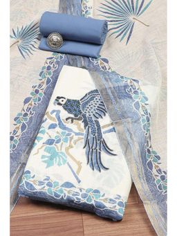 Biba - Women Blue Linen Unstitched Kurta and Bottom with Dupatta (Set of 3)