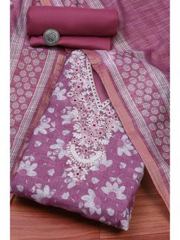 Biba - Women Mauve Linen Blend Unstitched Kurta and Bottom with Dupatta (Set of 3)