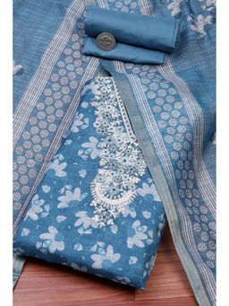 Biba - Women Teal Linen Blend Unstitched Kurta and Bottom with Dupatta (Set of 3)