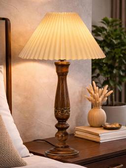 Homesake - Handcrafted Wooden Table Lamp with Fabric Shade for Living Room-Off White