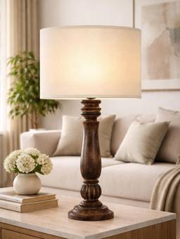 Homesake - Handcrafted Wooden Table Lamp with Fabric Shade for Living Room-Off White