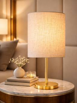 Homesake - Luxe Dome Gold Table Lamp with Fabric Drum Shade-Beige