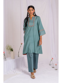 Mushio - Blue Cotton Silk Yoke Embroidery Kurta with Pant