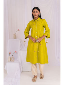 Mushio - Lemon Green Linen hand Embroidered Kurta with Pant
