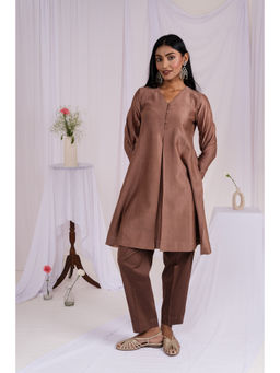Mushio - Brown Chanderi A-Line Short Kurta with Pant