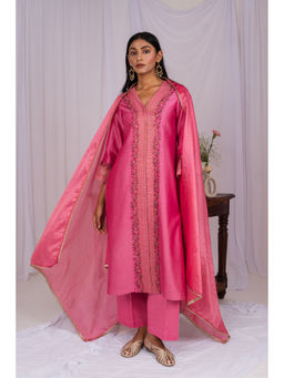 Mushio - Pink Organza Dupatta with Lace Edging